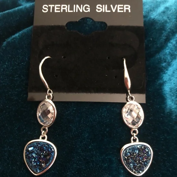 Titanium Druzy Agate & Quartz Sterling Silver French Hook Earrings - Picture 3 of 5